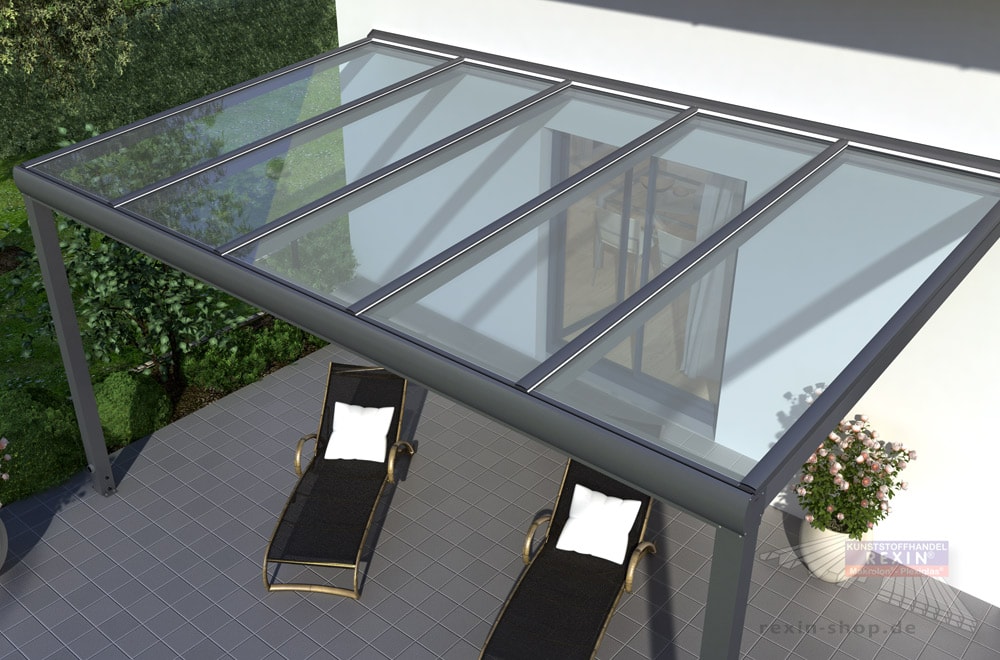 Ein Alu-Terrassendach mit VSG-Glas als Dacheindeckung: unübertroffene Transparenz, hohe Sicherheit.