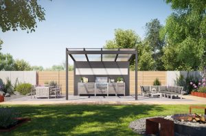 Eine freistehende Überdachung mit Rückwand als Outdoorküche.