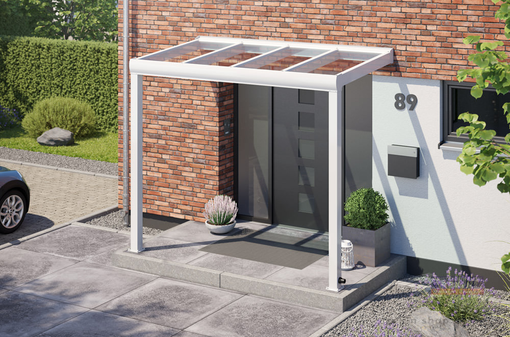 Alu-Vordach für die Haustür: hier mit transparentem Verbundsicherheitsglas (VSG)