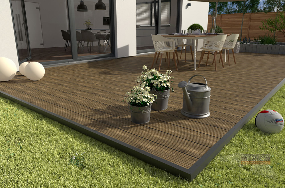 Alu-Terrassendielen im Farbton "Treibholz", ein idealer Fußboden für die Outdoor-Küche.