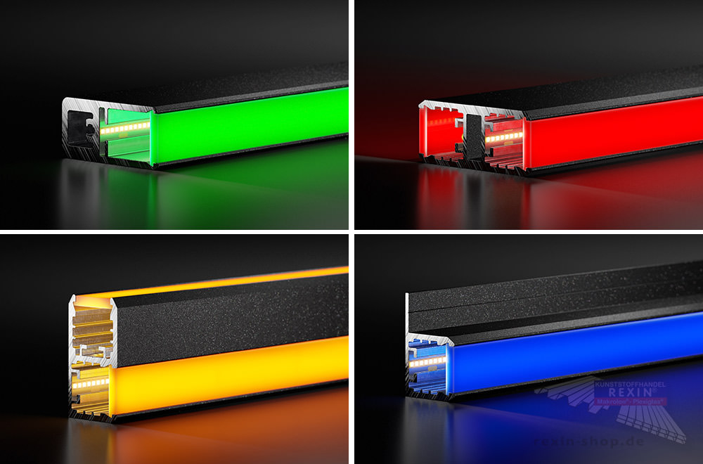 LED-Abdeckleisten in Verbindung mit Alu-Profilen für wunderschöne Farben und tolle Lichteffekte.