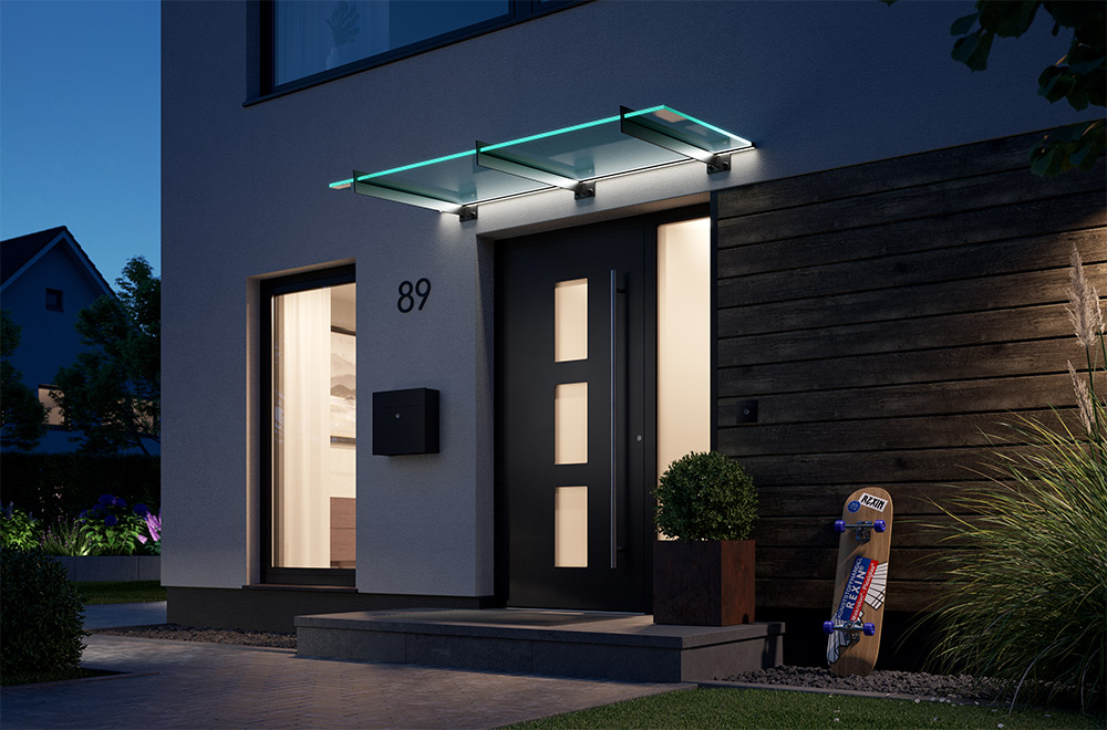 Glasvordach REXOsky mit LED-Beleuchtung: ein echtes Schmuckstück für den Hauseingang.