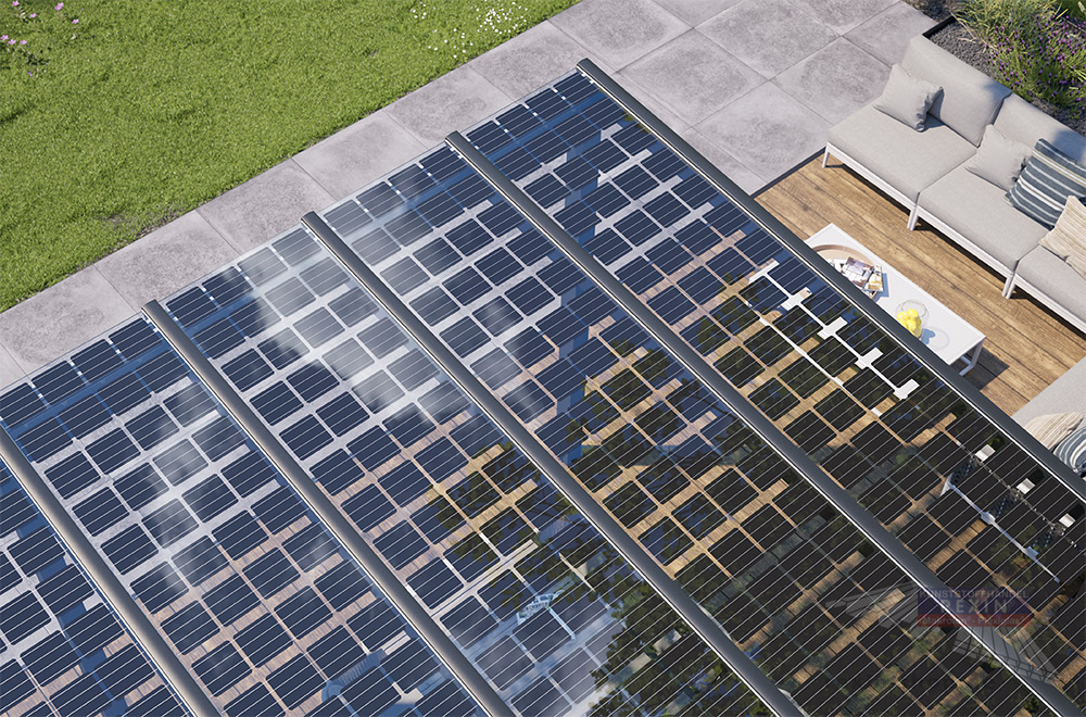 Solar-Terrassendach mit Solar-Modulen: einfach selbst mit der Terrassenüberdachung Strom herstellen.