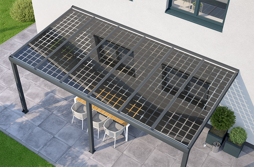REXOsolar Solar-Terrassendach: die Photovoltaik-Anlage für die Terrasse.