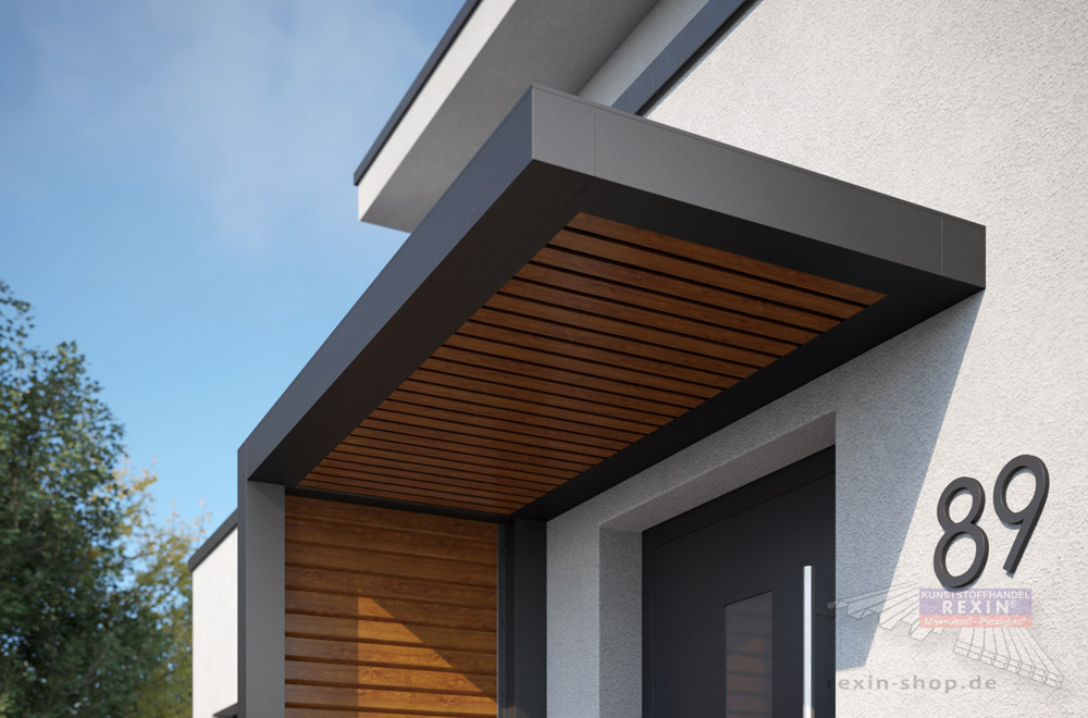 Rechteckvordach REXOlife®, ausgestattet mit Alu-Lamellen im Design "Golden Oak".