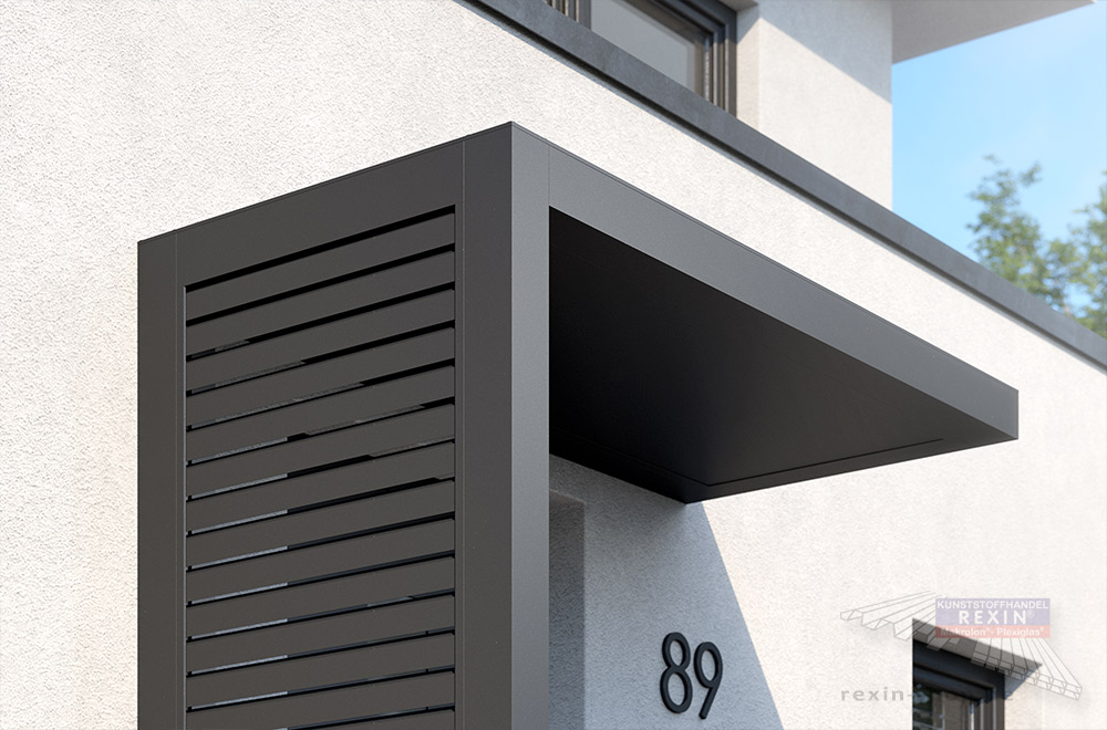Das Seitenteil unseres REXOlife® Haustür-Vordachs in der Variante offene Rhombusprofile in Anthrazit.