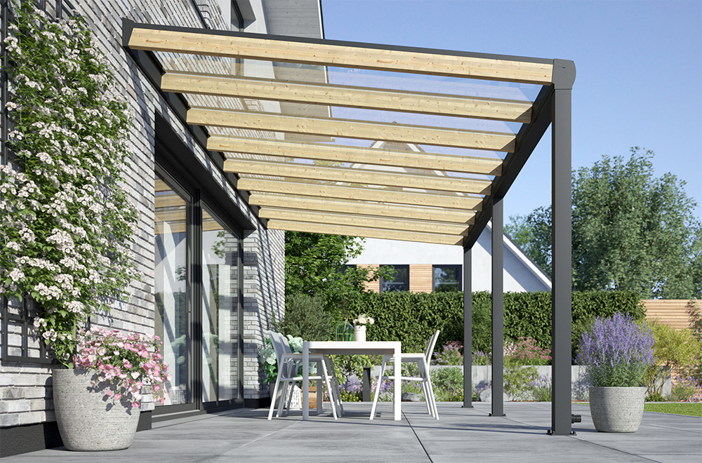 Hybrid-Terrassendach REXOdeluxe® mit Verbundsicherheitsglas: Alu, Holz und Glas in gelungener Kombination.