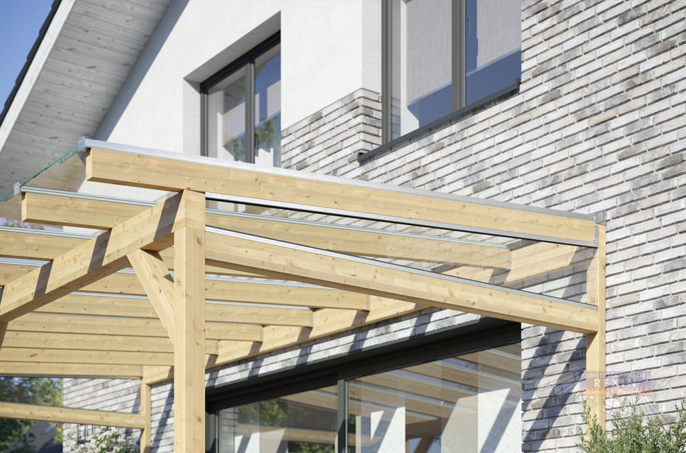 Holz-Seitenkeil mit transparentem PLEXIGLAS® für eine Holz-Terrassenüberdachung.