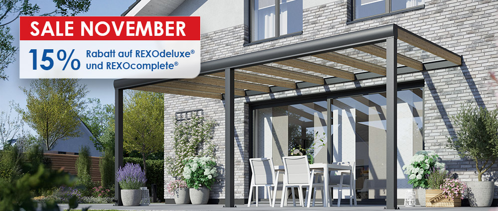 Im November können Sie unser Holz-Terrassendach REXOcomplete® sowie unser Hybrid-Terrassendach REXOdeluxe® besonders günstig mit satten 15% Rabatt kaufen
